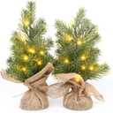 MINDELF Set of 2 Mini Christmas Tree, 12 in Pre-lit Tabletop Xmas Decorations with 8 Warm LED Lights, Battery Operated with Timer, Burlap Base Artificial Pine Tree for Indoor Desk Office Dorm