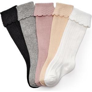 CozyWay Baby & Toddler Knee High Socks For Baby Girls Multi Color - 5 Pack (1-3T, White/Black/Gray/Tan/Pink)