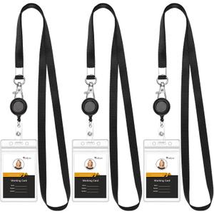 Teskyer 3 Pack Retractable Lanyards for ID Badges, Thick Clear Plastic ID Badge Holder with Lanyard and Badge Reel Clip for Name Work Cards, Cruise Ship Cards - Black