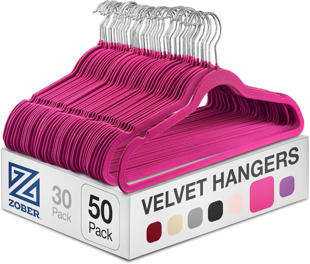 Zober Velvet Hangers 50 Pack - Heavy Duty Pink Hangers for Coats, Pants & Dress Clothes - Non Slip Clothes Hanger Set - Space Saving Felt Hangers for Clothing