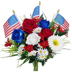 HUAESIN Memorial Day Flowers for Cemetery Artificial Cemetery Flowers for Grave Silk Red White and Blue Flower with Flags Patriotic Flowers for 4th of July Home Table Entryway Decor