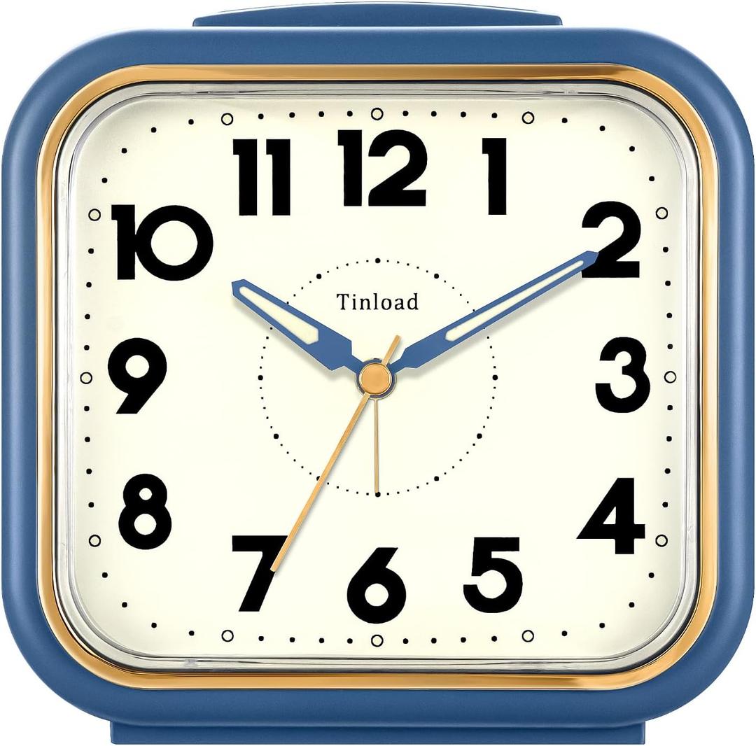5.5" Large Analog Alarm Clock  Silent Non Ticking  Gentle Wake  Beep Sounds  Increasing Volume  Battery Operated Snooze and Manual Light  Retro Blue
