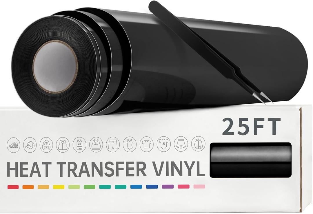 VinylRus Heat Transfer Vinyl-12 x 25ft Black Iron on Vinyl Roll for Shirts, HTV Vinyl for Silhouette Cameo, Easy to Cut & Weed
