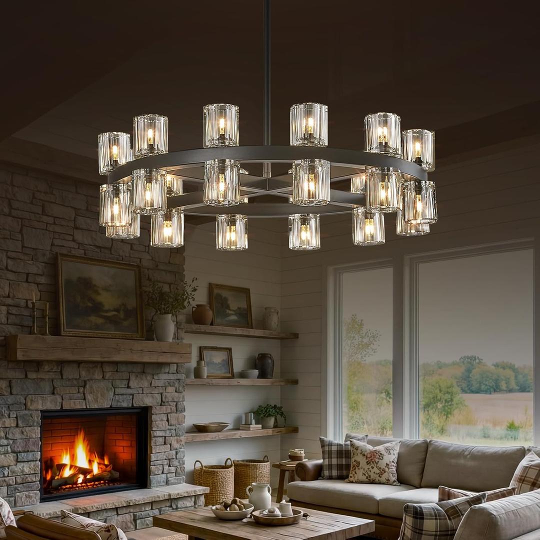 25 inch Black Wagon Wheel Chandelier with K9 Crystal Shade 24 Lights Crystal Chandeliers for Dining Room Round Large Chandeliers for High Ceilings Living Room Foyer EntrywayIncludes Bulbs