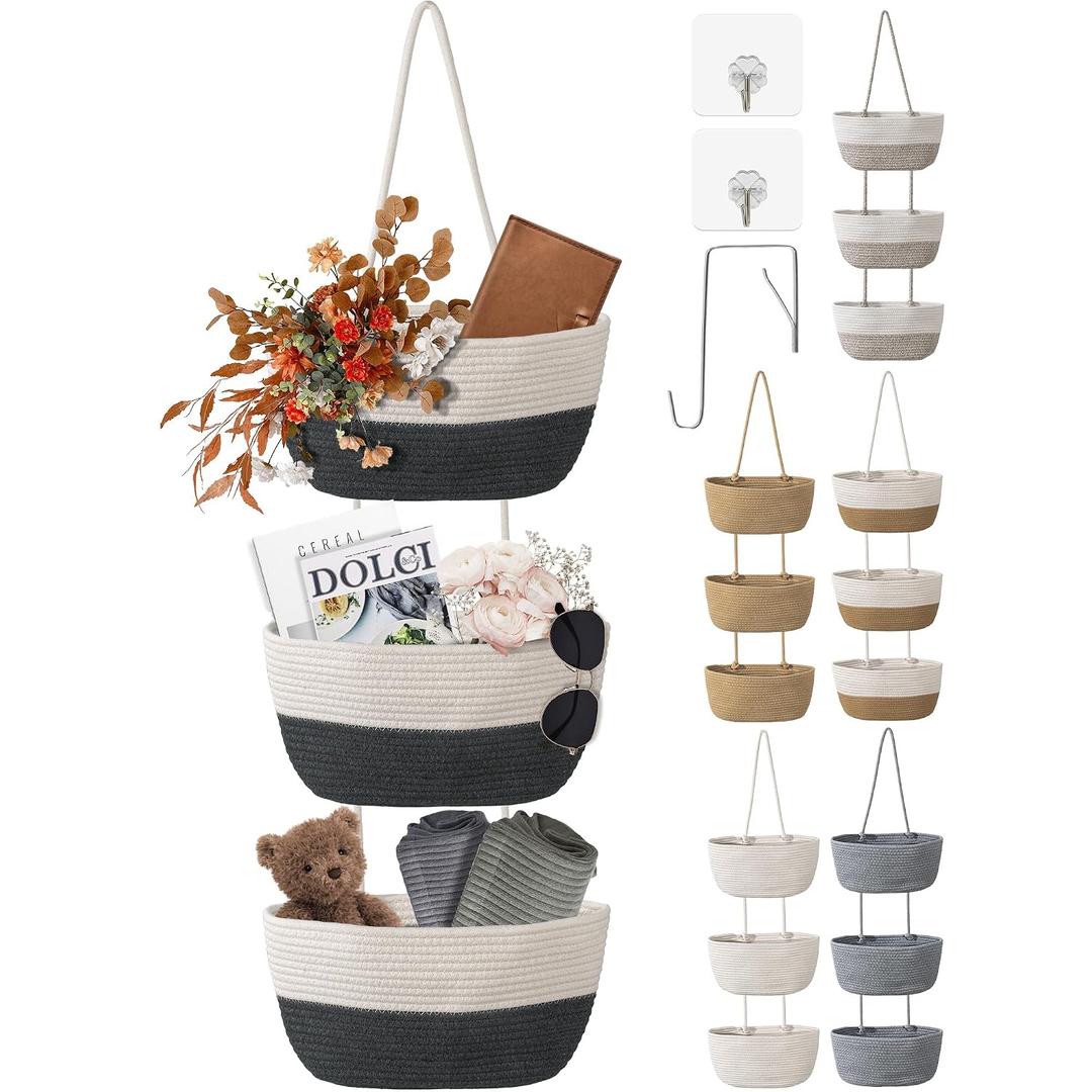 3 Tier Wall Mounted Woven Hanging Basket, Over the Door Hanging Basket with Hooks, Decorative Storage Hanging Closet Removable, Large Wall Basket for Living Room, Kitchen (White & Gray)