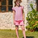 Yousify Girls 2 Piece Short Sets Kids Summer Outfit Flutter Sleeve Shirts Ruffle Short Sleeve Top and Shorts with Pocket (Pink)
