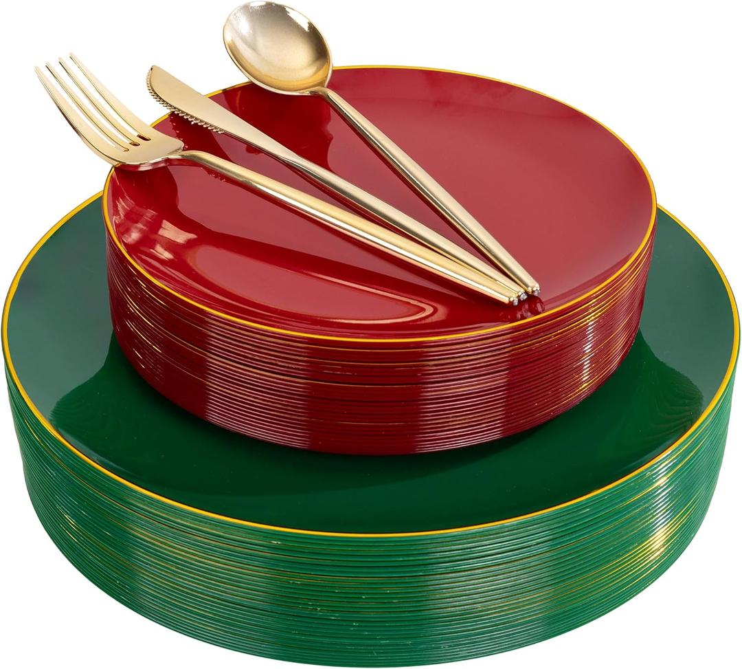 I00000 150Pcs Red and Green Plastic Plates with Gold Rim,Fancy Christmas Plastic Plates,Nice Christmas plates Set include 30 Dinner Plate,30 Dessert Plate, 90 plastic Silverware Set for christmas