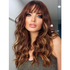 Fancy Hair Brown Highlight Wavy Wig With Bangs Medium Length 18 Inch Synthetic Brown Mixed Blonde Natural Looking Wig For Women Daily Party Use