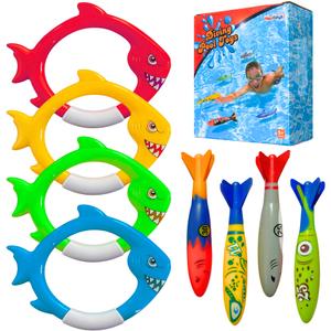 Haktoys Shark Dive Rings & Pool Diving Toys – 8Piece Sinking Torpedoes and Fish Rings for Kids Swim Training, Boys Pool Games & Underwater Summer Fun