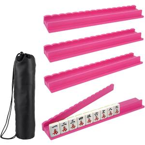 AQQHSAIN 4 Pcs Mahjong Racks with Pushers Wooden American Mahjong Tile Rack Set Magnetic Scalloped Organizing Tiles Holders with Storage Bags 17.3 Inch Mahjong Accessories for Players Gift (Rose Red)