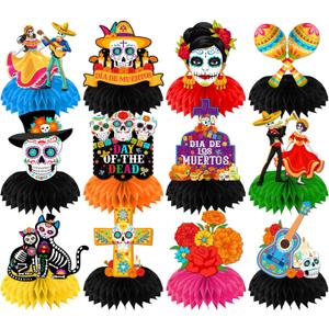 Dia De Los Muertos Decorations,12pcs Day of The Dead Table Decorations Sugar Skulls Honeycomb Centerpieces,Mexican Decor Dancing Ghost Table Centerpieces for Dia De Los Muertos Party Supplies