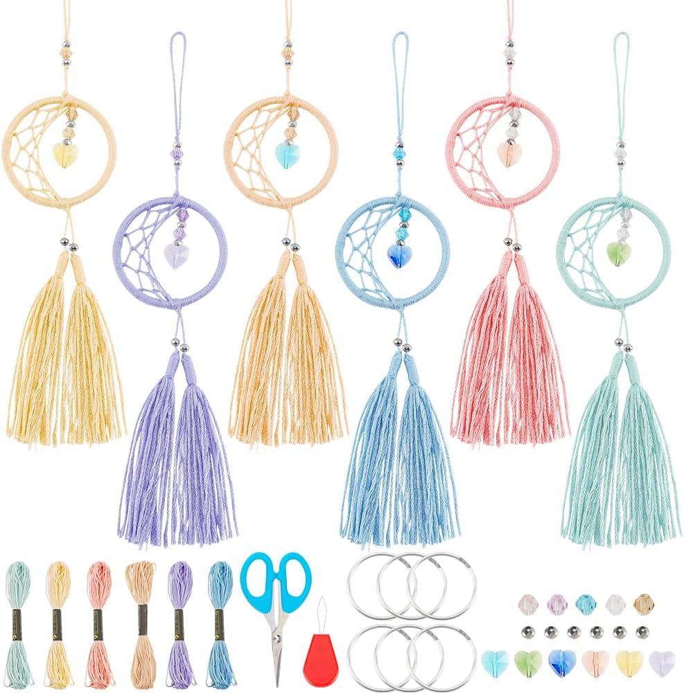 INFUNLY 6 Set Small Moon Dream Catcher Kit for Beginners Handmade Dreamcatcher Charm Kit DIY Macrame Making Kit for Adults Boho Dream Catcher with Crystal Pendants for Home Decortion Car Bag Hangings