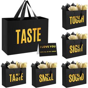 Epoesch 5 Senses Gift Bags for Him With Labels And Tissue Paper,12.6"X8.7"X4" Sight Smell Touch Taste Sound Black Medium Size Gift Bag for Men, Birthday, Anniversary, Wedding, Valentine'S Day