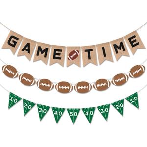 Football Burlap & Felt Banners - NO DIY 3pcs Football Banner Game Time Yard Line Hanging Decoration Sports Rustic Bunting Flag Photo Prop for Baby Shower Game Day Birthday Party Supplies (Score)