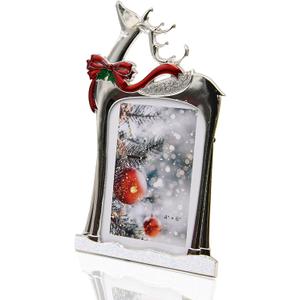 Christmas Reindeer Picture Frame 4x6  Silver Metal Holiday Photo Frame with Red Bow & Festive Design, Tabletop Christmas Decoration & Gift for Family, Friends, Home Dcor(silver)