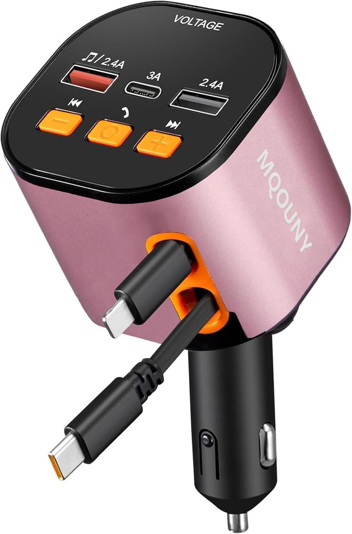 Retractable Car Charger,5 in 1 Fast Car Phone Charger 90W,Bluetooth 5.3 FM Transmitter Adapter,Handsfree Call,2 Retractable Cables and USB Cars Chargers for iPhone 17/16/15/14/13/Galaxy/Pixel (Pink)