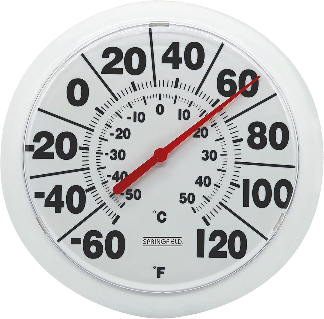 Springfield Indoor Outdoor Big and Bold Dial Thermometer, Wireless Thermometer with Easy to Read Large Numbers for Patio, Pool, and Indoor Areas, 8-Inch, White