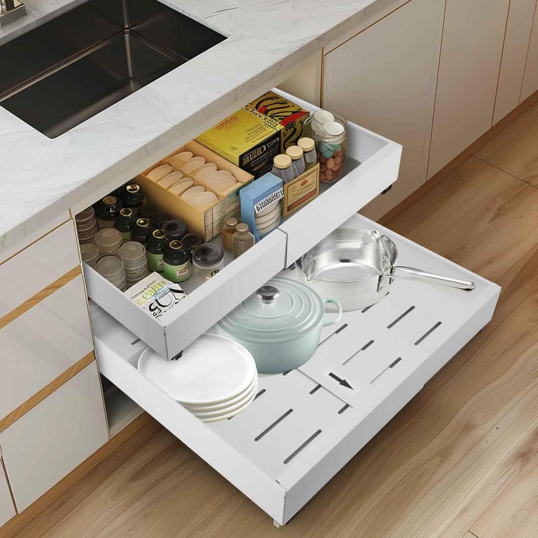 21" Deep Expandable Pull Out Cabinet Organizer,(12"-20")Slide Out Drawers For Kitchen Cabinets,Adhesive With Nano Film, Peel and stick Pull Out Drawers For Cabinets In Kitchen, Pantry (white,1PACK)