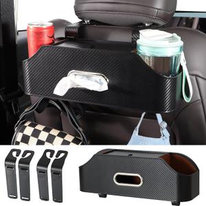 Car Rear Backseat Extra Multifunctional Drink Cup Holder Organizers with Tissue Storage Box Organizer & Hooks for Car Seat Back. Imitation Carbon Fiber Texture