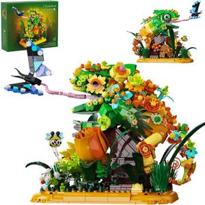 Chameleon Garden Bonsai Building Set, 1092PCS Nature Inspired MOC Flowers & Insects STEM Kit Compatible with Lego Animal, Stunning Desk Decor for Home/Office, Building Blocks for Kids Adults Aged 12+