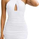 REORIA Women's Sexy Mini Dress Halter Sleeveless Backless Bodycon Criss Cross Ruched Short Dresses Party Night Club Outfits (White, L)