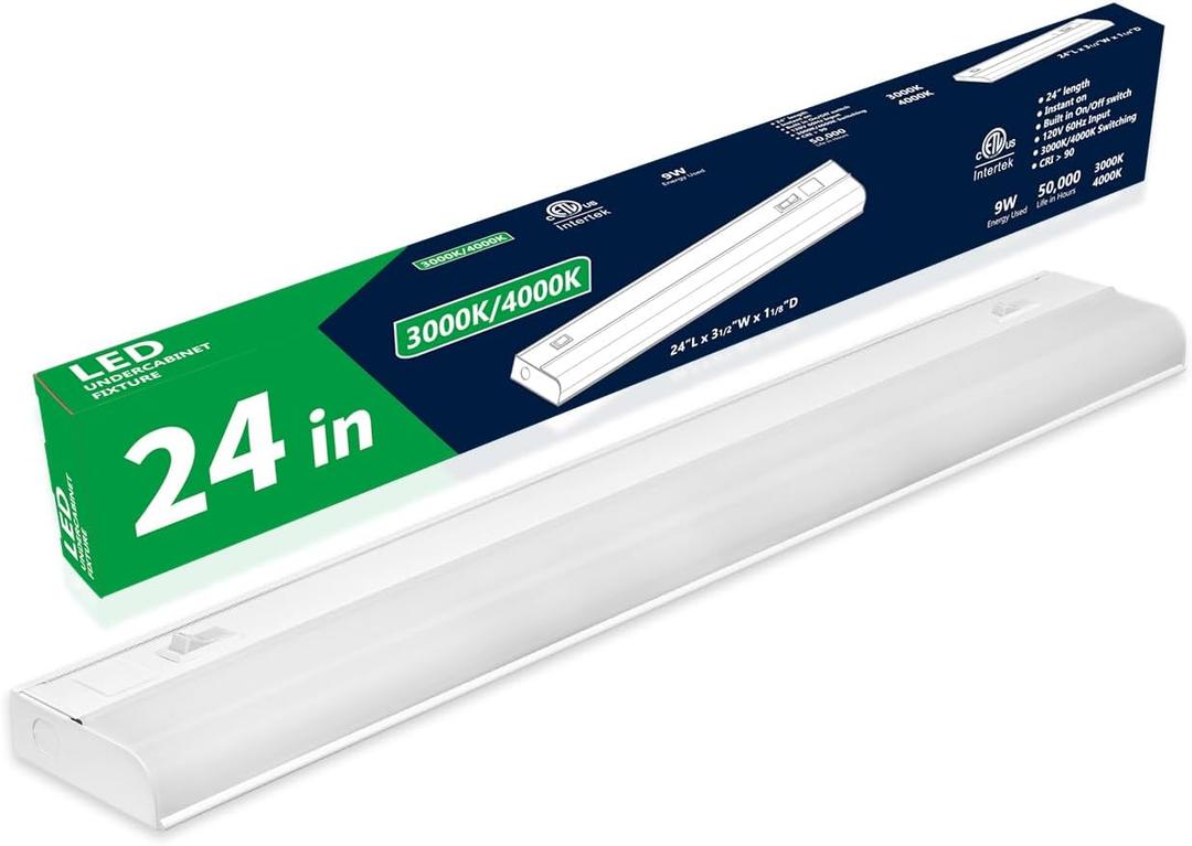 24" Hardwired Under Cabinet Lighting, 3000K/4000K Selectable, ETL, Dimmable