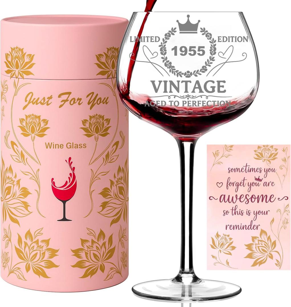 70th Birthday Gifts for Women, Vintage 1955 Wine Glass with Pink Floral Gift Box, Turning 70 Wine Gifts for Her, Funny Present for Wife, Sister, Mom, Daughter, Friends, 16oz