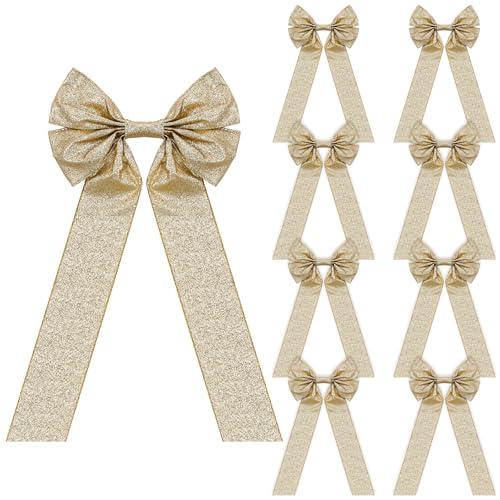 Bucherry 6 Pcs Large Gold Glitter Christmas Bows 7x16 Inch Gold Christmas Wreath Bows Xmas Tree Topper Bow Metallic Glitter Ribbon Bow for Xmas Tree Fence Stairs Fireplace Outdoor Decoration