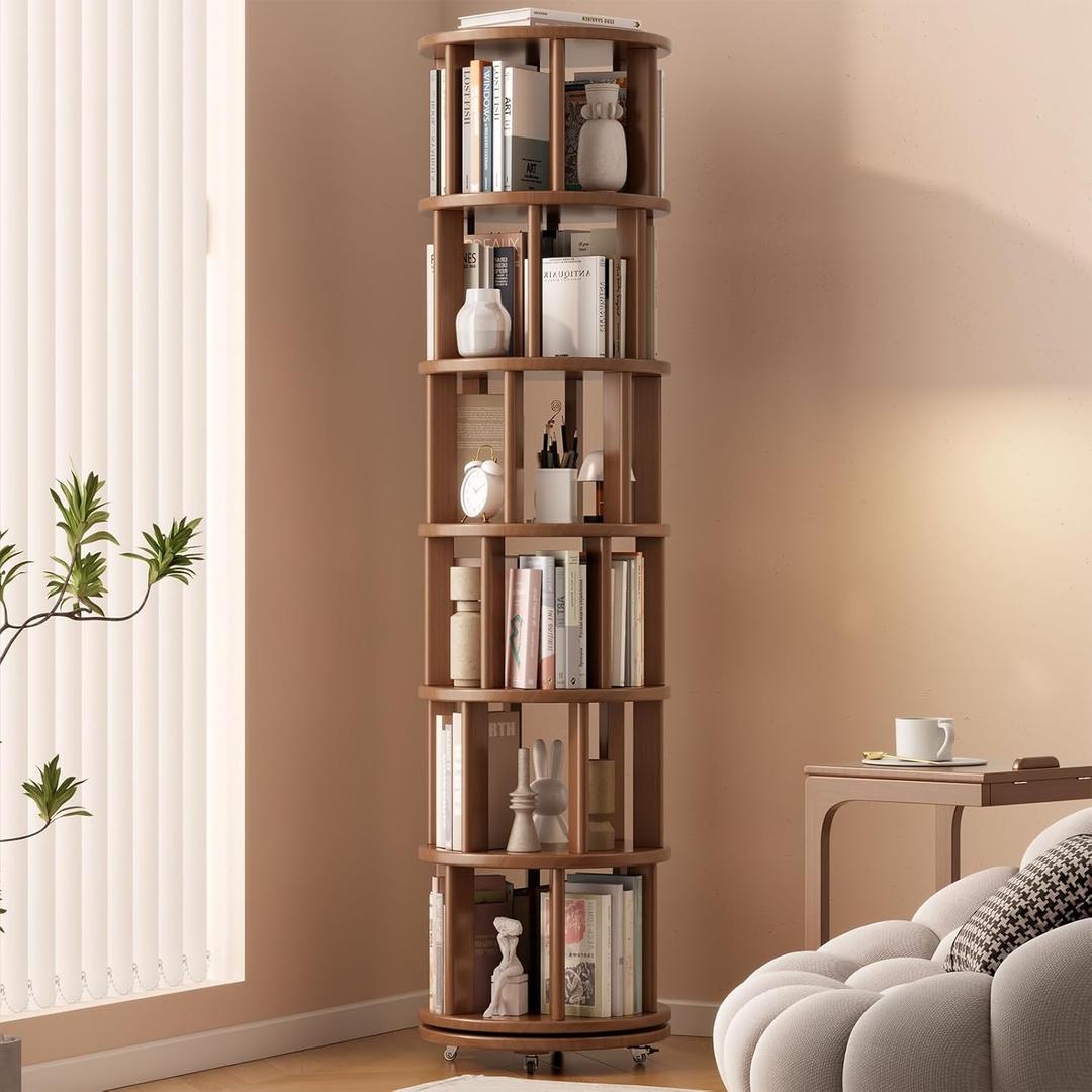 Solid Wood Rotating Bookshelf on Wheels, 6 Tier, Round Revolving Bookcase, 360 Spinning Book Shelf Tower for Kids, Narrow Rolling Bookshelves for Small Space, Corner, Bedroom, Office, Walnut