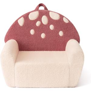 Blissful Diary Toddler Chair Comfy, Foam Kids Chair with Soft Teddy Plush, Toddler Reading Armchair with Cute Mushroom Designs- Rusty Red