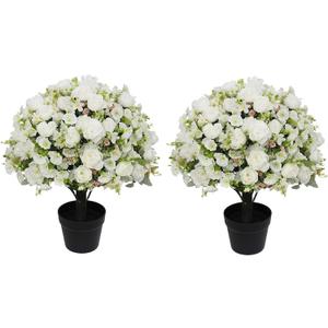 24" Artificial Potted Flowers for Outdoors, Silk Peony Faux Plants | Set of 2, UV Resistant, Realistic White Peonies, Weighted Cement Pots, Front Porch Decor
