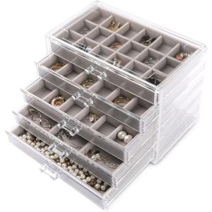 Frebeauty Acrylic Jewelry Organizer Earring Organizer Box with 5 Drawers Earring Holder Organizer with Velvet Trays Clear Jewelry Box for Women Earring Display for Rings Studs(Grey)