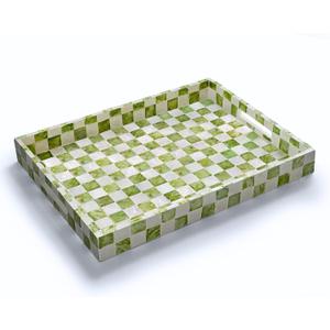 15.8" x 11.8" Decorative Rectangular Tray with Natural Capiz Shells, Checkered Tray with Handles, Serving Tray for Ottoman, Coffee Table, Kitchen Counter Home Decor (Pistachio Green)