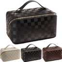 Large Capacity Checkered Makeup Bag Portable Travel Cosmetic Bags Open-Flat Toiletry Bag for Women Girls Make Up Organizer with Divider Pouch Zipper Bag (Black-Checkered)