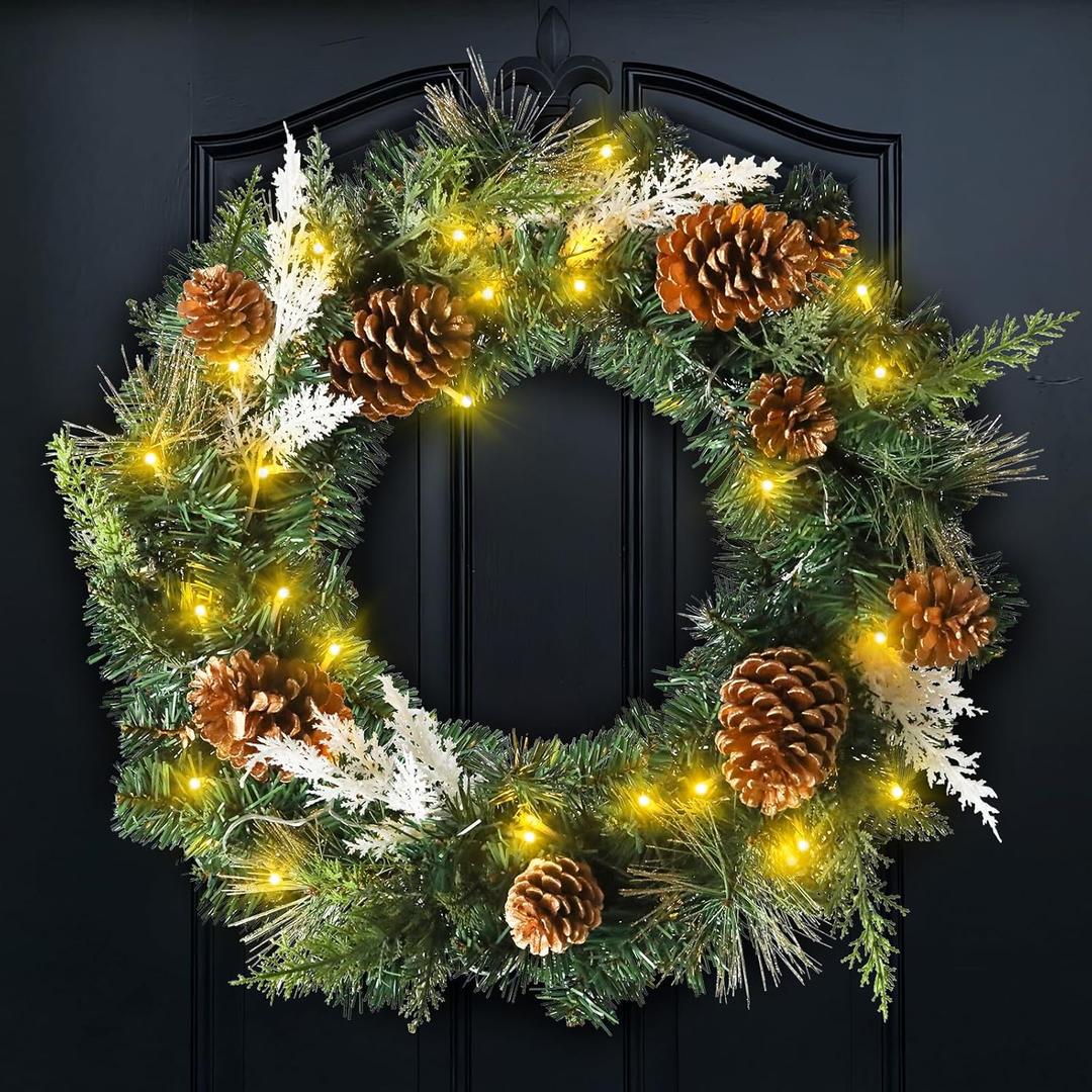 Christmas Wreaths for Front Door 20Inch Christmas Wreath with 50 LED Lights Xmas Door Decorations Wreath with Pinecone for Outdoor Indoor Holiday Home Decoration Xmas Decor Pre-Lit Artificial Wreaths (Gold)