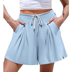 TARSE Linen Shorts for Women Casual Wide Leg High Waisted Shorts Loose Fit Drawstring Summer Beach Skort Pants (Blue, XXL)