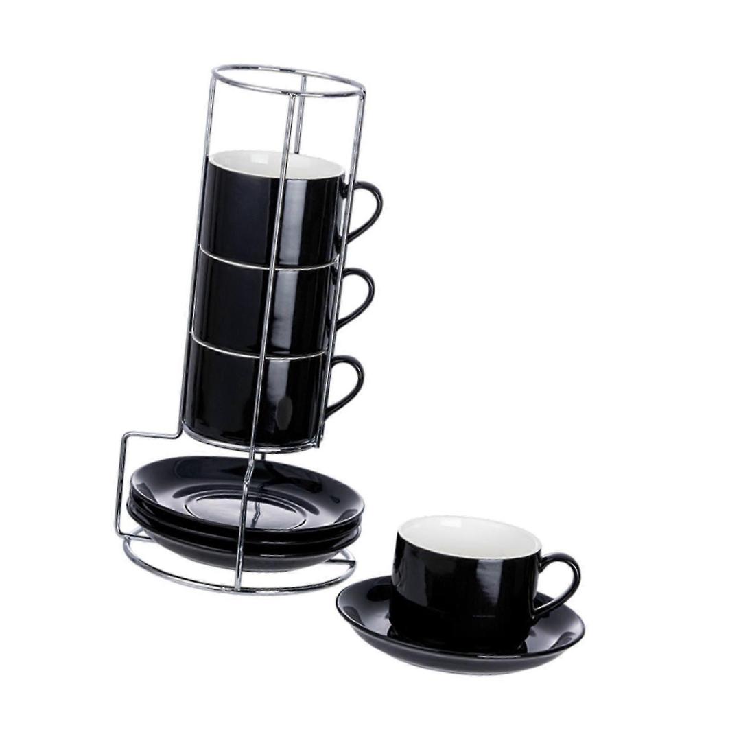 MIAMIO - 2.5 oz Espresso Cup Set with Saucers Coffee Mug Set of 6 - Ceramic Coffee Mug Stackable Espresso Mug with Stand for Coffee Drinks, Latte, Cafe Mocha - Le Papillon Collection (Red)