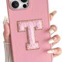 Skyseaco for iPhone 15 Pro Max Case Aesthetic Monogram Phone Case with Pink Leather Embroidered Letters Shockproof Protective Cover for Women Girls, Initial T