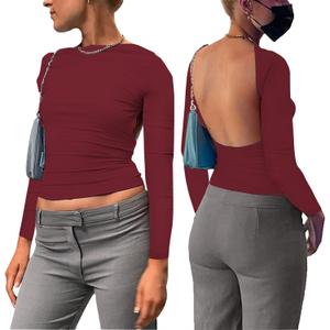 Backless Tops for Women Sexy - Casual Y2K Crop Shirts Long Sleeve Crewneck Slim Fit Cut Out Tees Burgundy