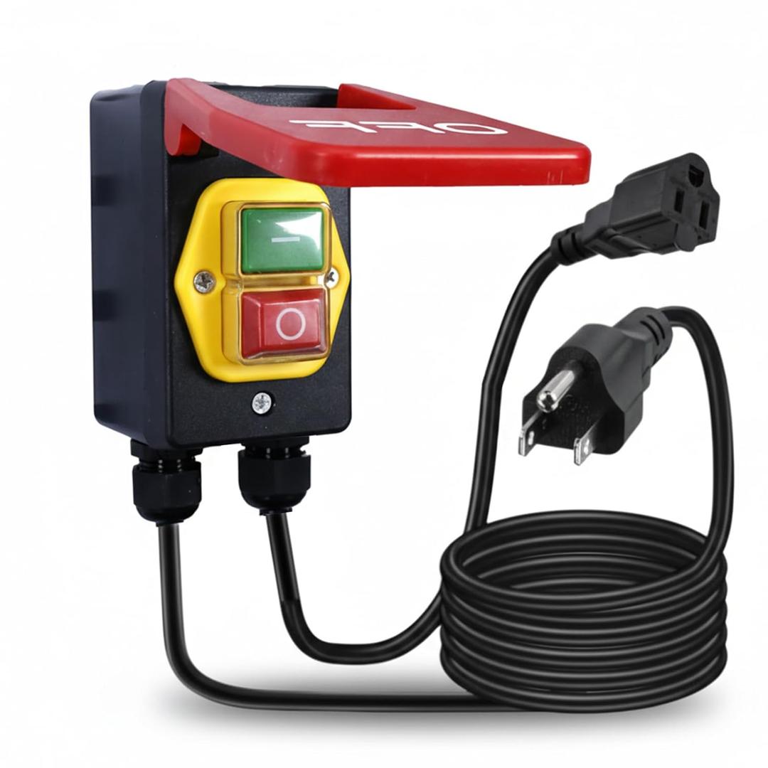 110V Single Phase Paddle Switch, Outlet Router Table Safety Switch with Female Plugs, 1 ft Female & 5 ft Male Power Cord, Red Emergency Stop for Table Saws, Router Tables, Extension Cords