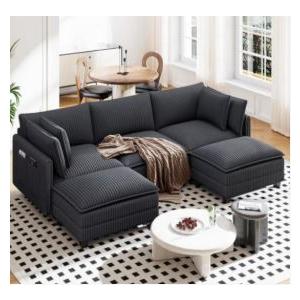 Vesgantti 109" U Shaped Cloud Sectional Sofa, Comfy Corduroy Upholstered Sectional Modular Sofas for Living Room, Modern Modular Couch with 2 Ottoman Deep Seat, Dark Grey