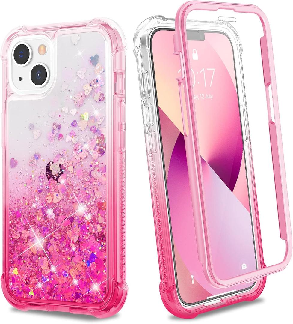 Ruky Case for iPhone 13 & iPhone 14, Full Body Glitter Liquid Case with Built-in Screen Protector Soft TPU Protective Girls Women Phone Case for iPhone 13 & iPhone 14 6.1, Gradient Pink