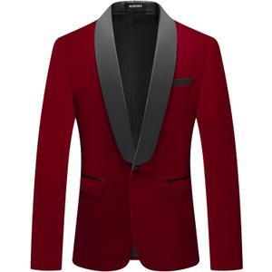 Mens Velvet Blazer Slim Fit Tuxedo Suits Jacket Shawl Collar Solid Jacket Wedding Dinner Prom One Button Blazer Jacket (Wine Red)