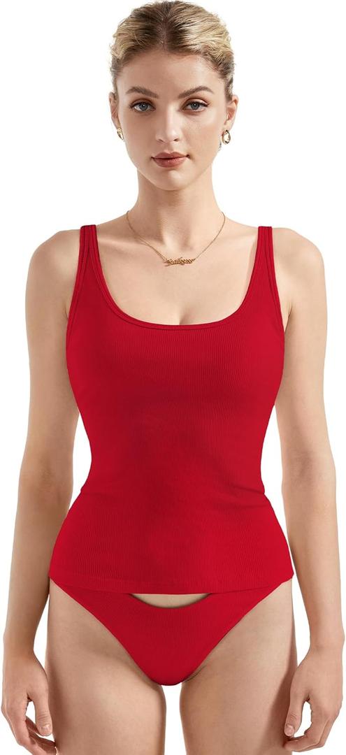 SUUKSESS Women Padded Cotton Ribbed Long Tank Tops 2025 Summer Going Out Basic Scoop Neck Cami Tops (Large, Red)