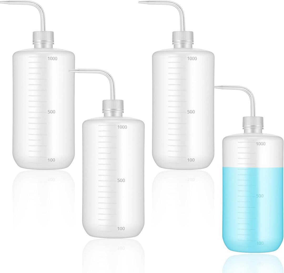 4-Pack Large 1000ml (33oz) Tattoo Squeeze Bottles, Plastic Wash Bottles with Curved Tip & Scale, Leak-Proof Squirt Bottle for Lab, Gardening, Tattoo & Plant Watering