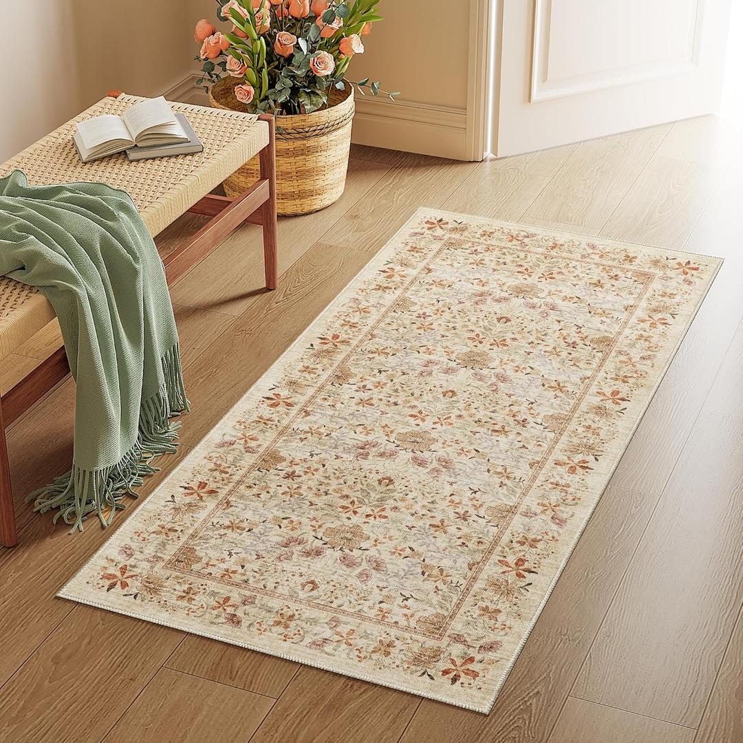 DUKINO 2x4 Rug for Entryway, Lightweight Washable Runner Rug with Non Slip Backing, Vintage Floral Low Pile Small Carpet Runner for Kitchen, Hallway, Entryway, Bathroom, Bedroom, Beige
