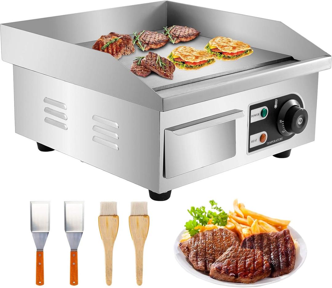 VEVOR 14" Commercial Electric Griddle,110V 1500W Electric Countertop Griddle Non-Stick Restaurant Teppanyaki flat top Grill Stainless Steel 122F-572F Adjustable Temperature Control(No Plug)