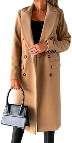 Mywinway Long Wool Coats for Women Fall Winter Trendy Jackets Double Breasted Peacoat Trench Coat L