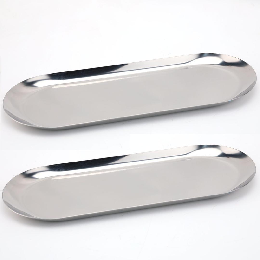 Fermus Stainless Steel Decorative Tray, Set of 2, 12 Inch Long, Jewelry Dish Cosmetics Organizer Bathroom Clutter Serving Platter Small Storage Tray, Oval, Silver