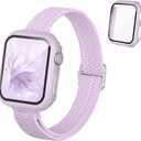 Slim Braided Stretchy Band and Case Compatible for Apple Watch Bands Women 40mm 41mm 42mm 44mm 45mm 46mm, Thin Nylon Solo Loop Protective Cover and Screen Protector for iWatch Series 11/10/9/8/7/6/5/4